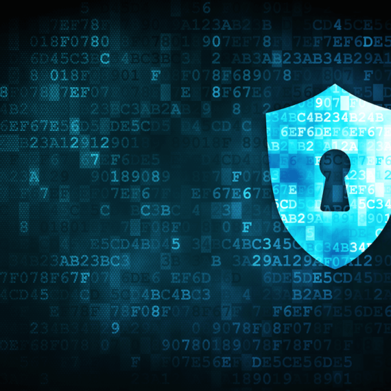 Digital security concept with a shield and lock symbol amid code.