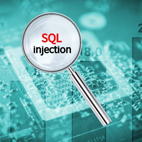 Magnifying glass highlighting SQL injection on a digital circuit background.