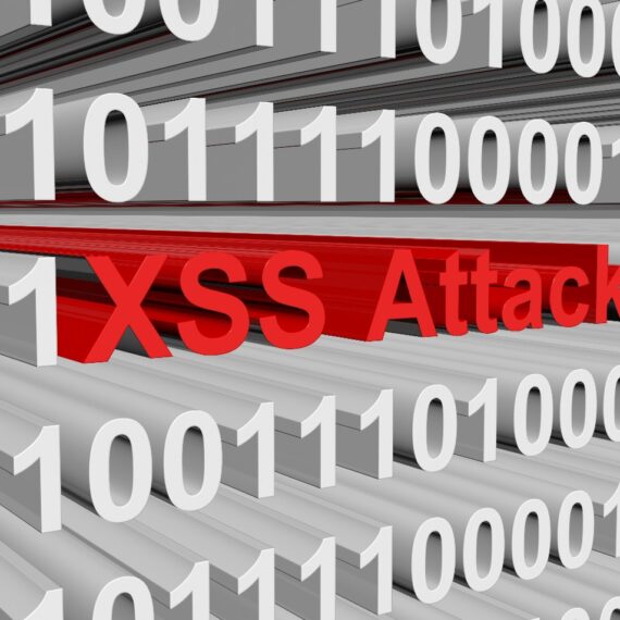 Illustration of a prominent red 'XSS Attack' text amidst binary code.